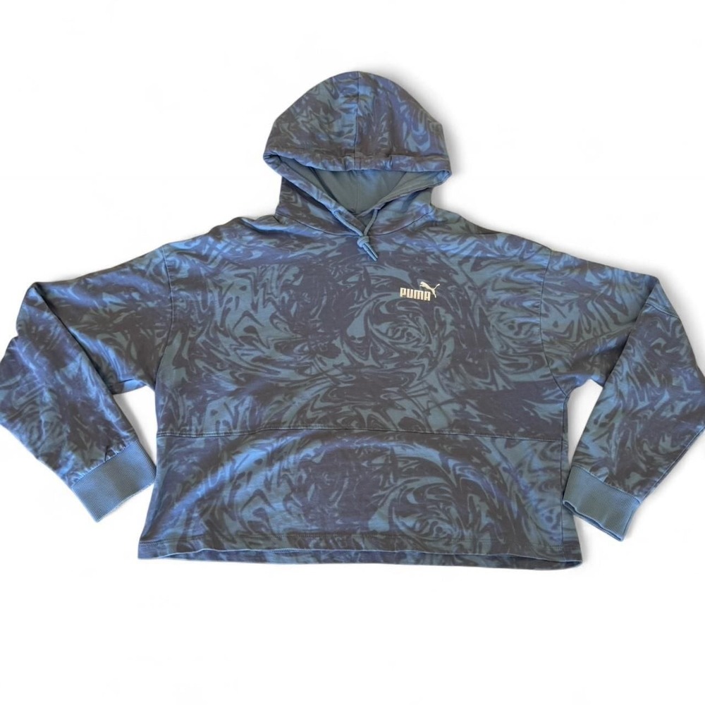 Puma Blue Marble Print Cropped Hoodie, Relaxed Fit, Women's Size M